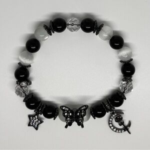 Black Tourmaline, Faceted Clear Quartz and Selenite Crystal Bracelet